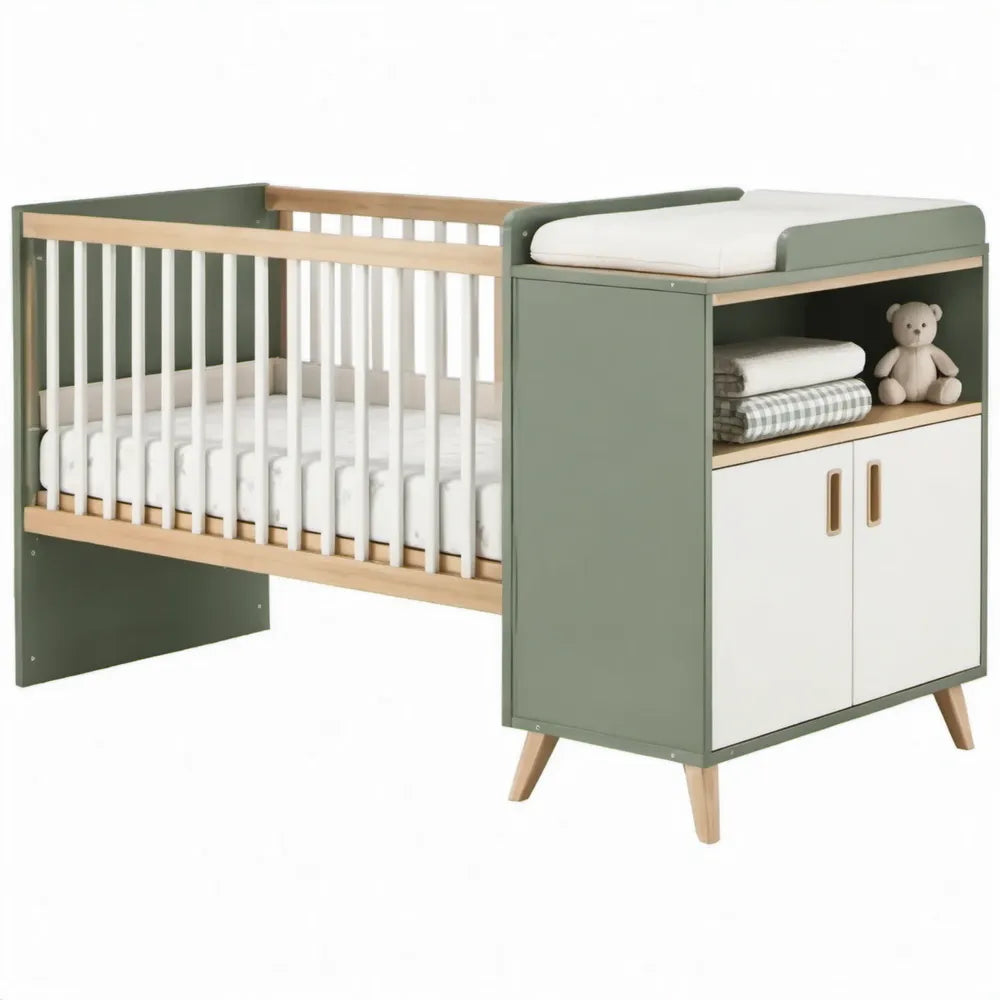 Babybed met commode en verschoonblad 120 x 60 cm Saliegroen/Wit/Naturel Beuken