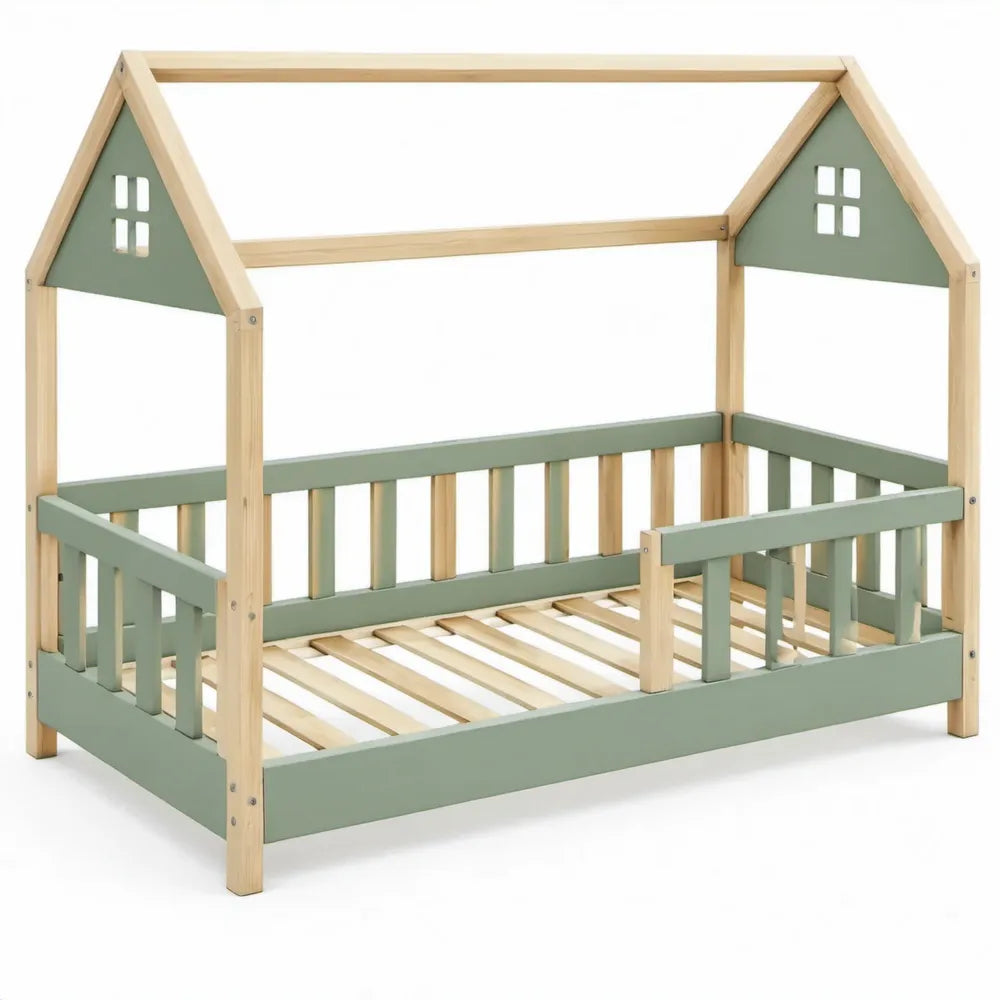 Huisvormig kinderbed 140 x 70 cm met uitvalbeveiliging en lattenbodem – Saliegroen/Naturel