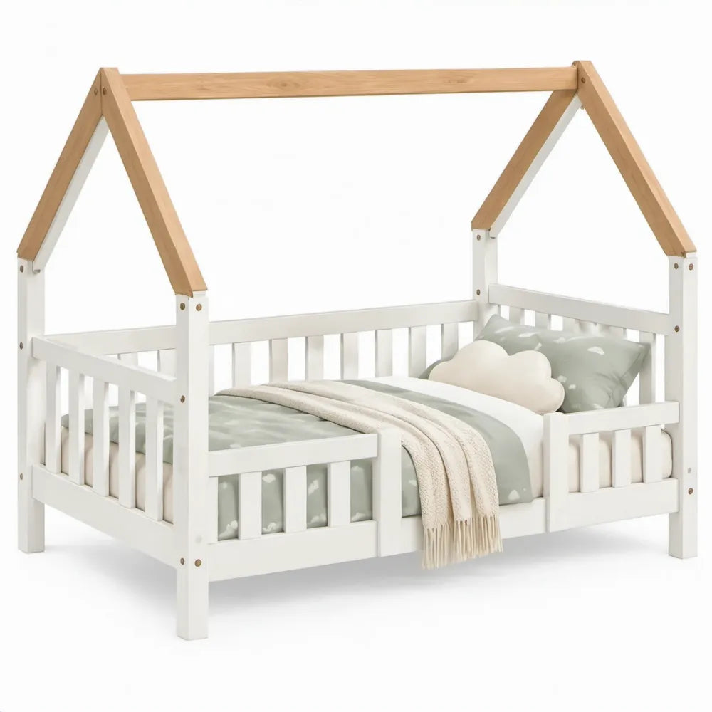 Huisvormig kinderbed van massief grenenhout, 90 x 200 cm, Wit/Naturel