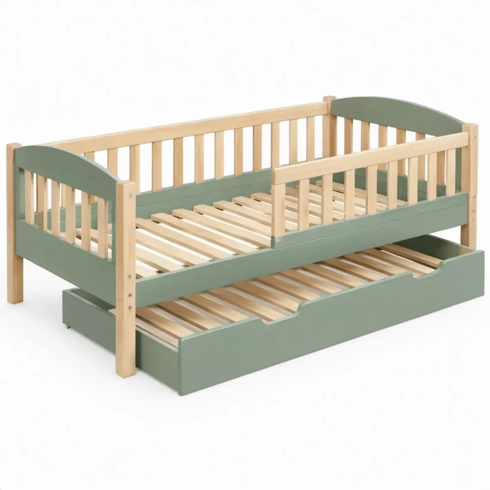 Kinderbed met uitvalbeveiliging en uitschuifbaar slaapgedeelte 160 x 80 cm – Saliegroen/Naturel grenenhout