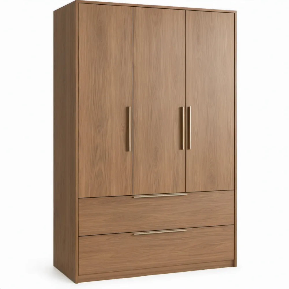 Bruine kledingkast met 3 deuren en 2 lades, 120 x 55 x 200 cm, spaanplaat