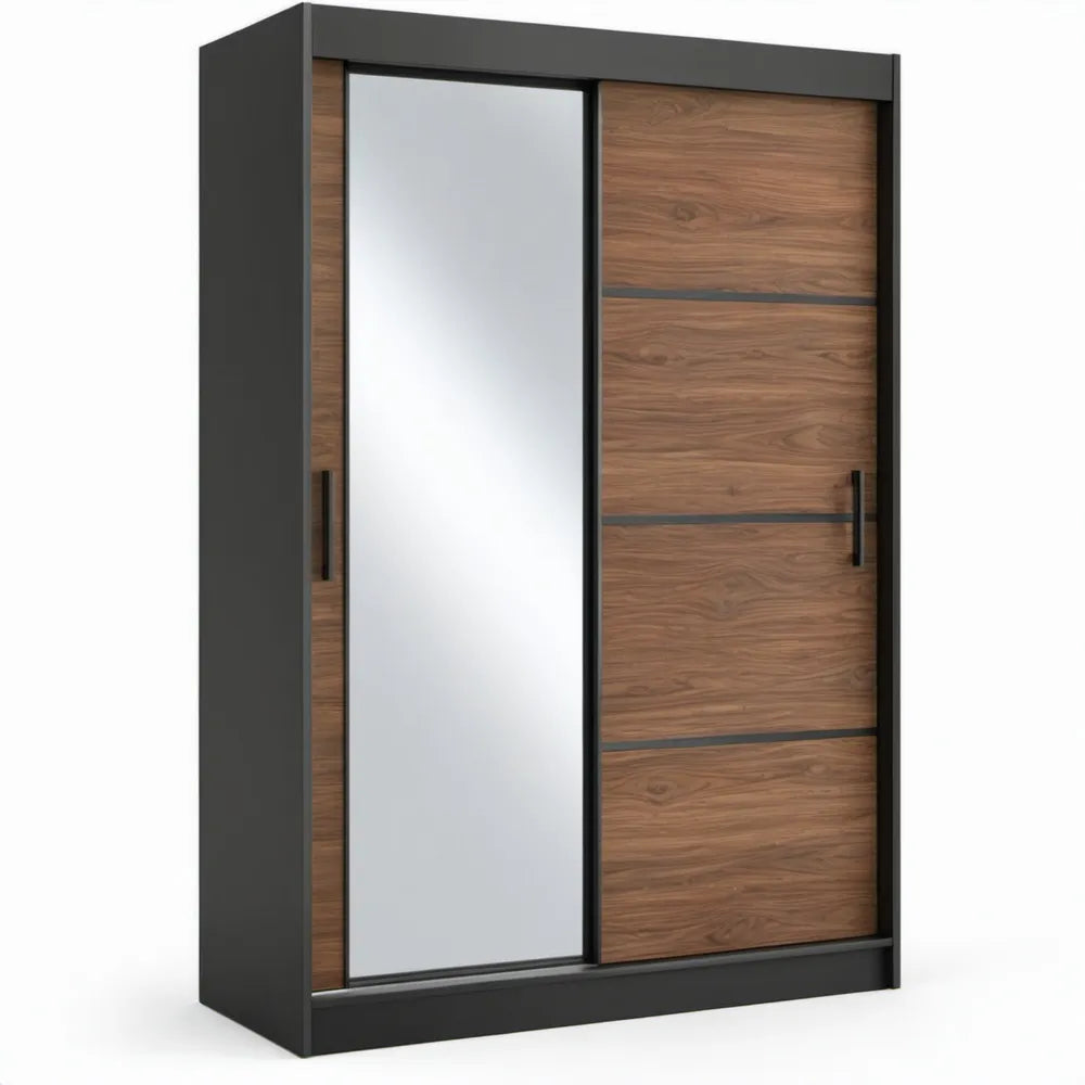 Schuifdeurkast met spiegel 120 x 60 x 200 cm – Antraciet/Walnootbruin