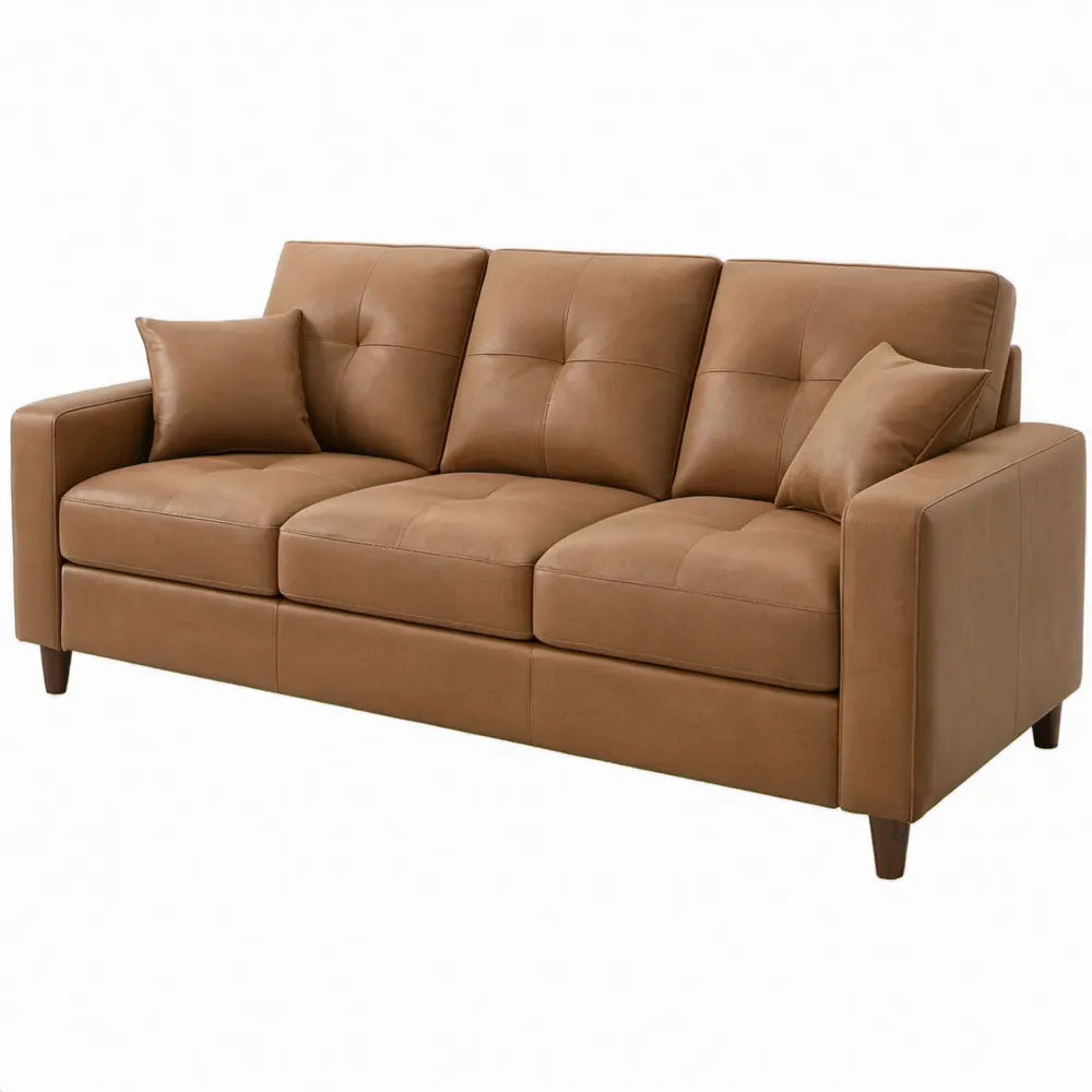 Cognac 3-zitsbank van PU-kunstleer met donkerbruine poten, 210 x 90 x 88 cm