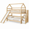 Huisvormig stapelbed met glijbaan, trap met 3 lades en veiligheidshekken – 90 x 200 cm en 140 x 200 cm – Naturel/Wit