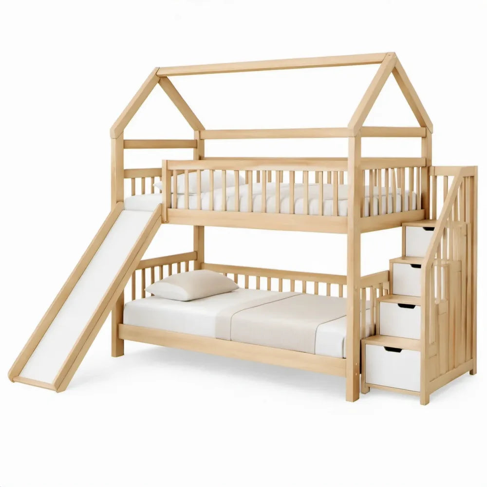 Huisvormig stapelbed met glijbaan, trap met 3 lades en veiligheidshekken – 90 x 200 cm en 140 x 200 cm – Naturel/Wit