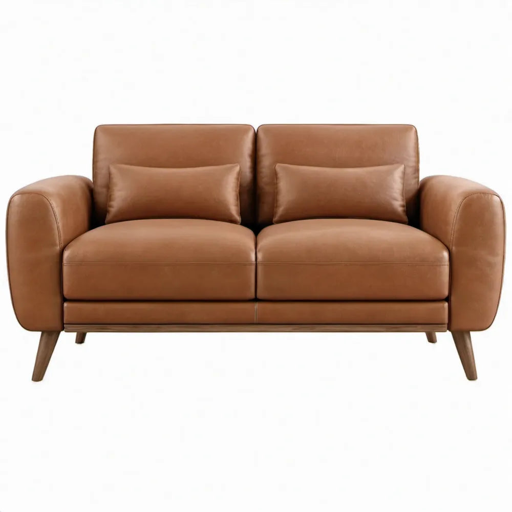 Tweezitsbank 160 x 85 x 85 cm in cognacbruin PU-kunstleer met donkerbruine rubberhouten poten