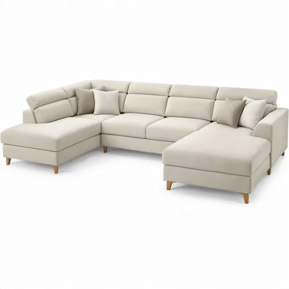 Crèmekleurige U-bank met 5 zitplaatsen en chaise longues, 350 x 220 x 85 cm