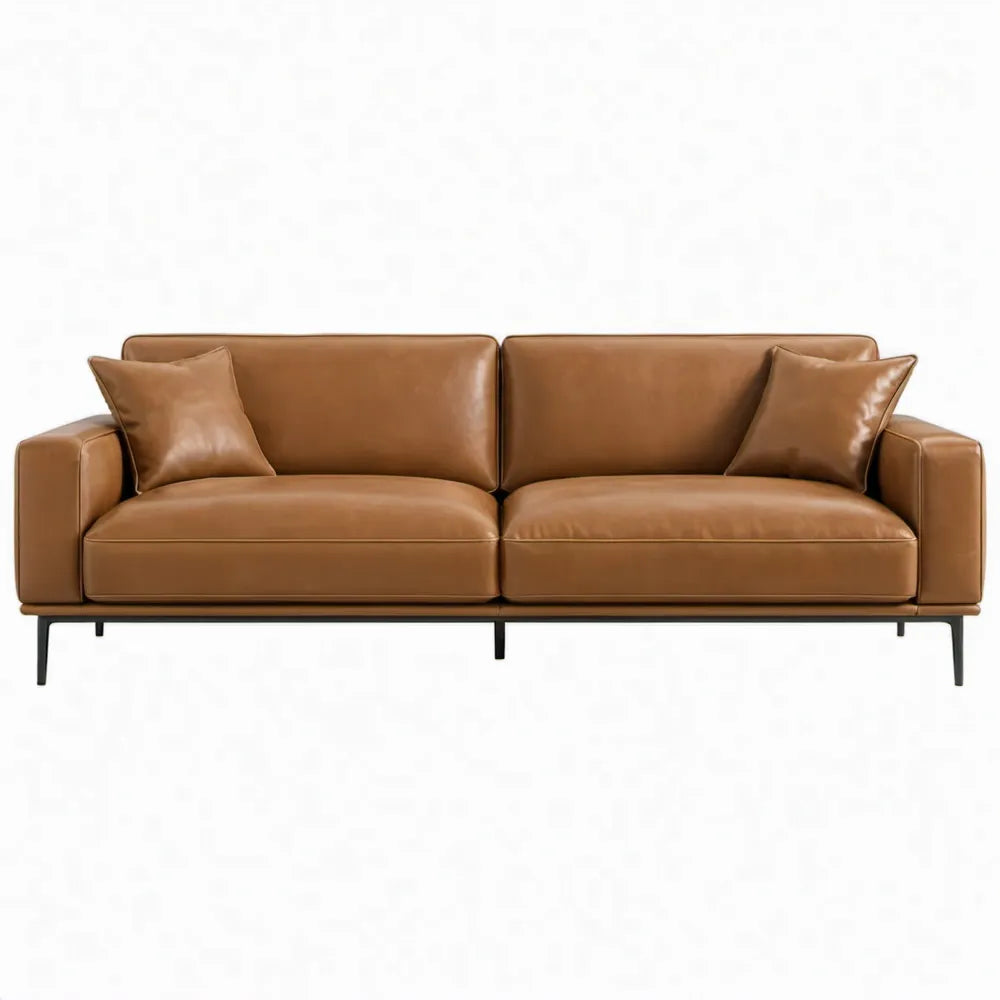 Cognacbruine 3-zitsbank van PU-kunstleer met zwarte stalen poten, 220 x 90 x 85 cm