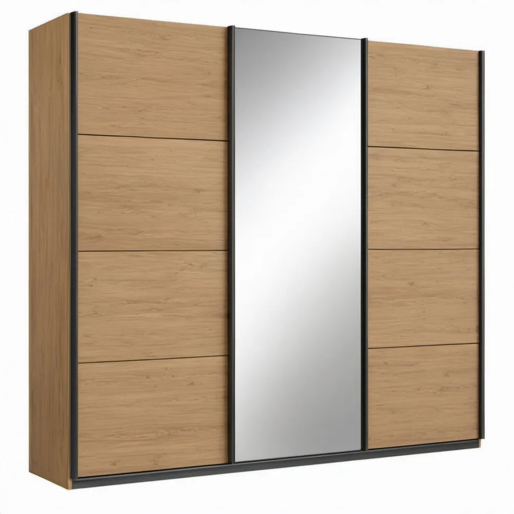 Schuifdeurkast met spiegel, 250 x 62 x 215 cm, eikenkleurig, grijs en zwart