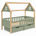 Kinderhuisbed 90 x 200 cm met dakframe, uitvalbeveiliging en 2 lades - Groen/Naturel