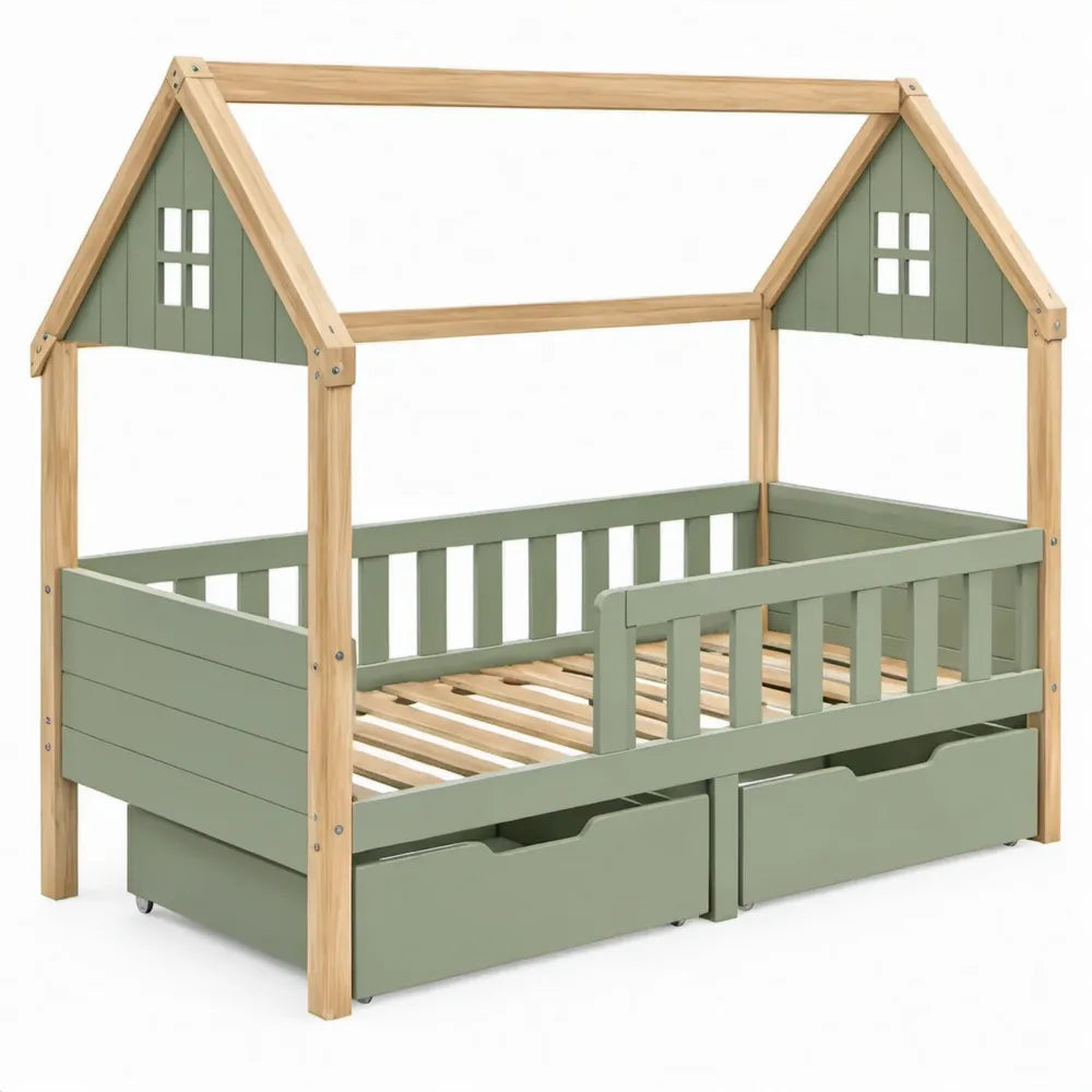 Kinderhuisbed 90 x 200 cm met dakframe, uitvalbeveiliging en 2 lades - Groen/Naturel