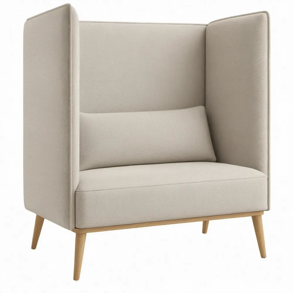 Beige oorfauteuil met hoge zijkanten en houten poten, 82 x 78 x 118 cm