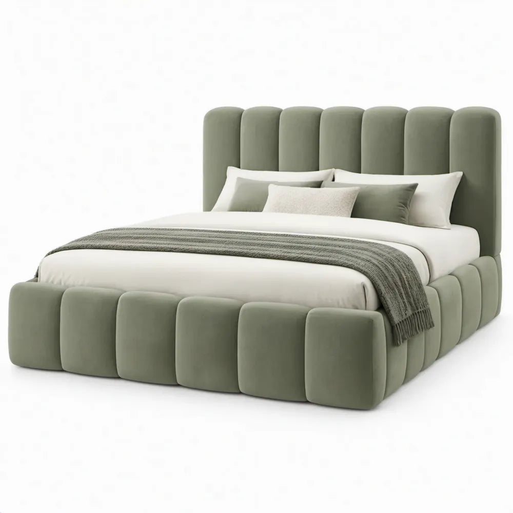 Gestoffeerd tweepersoonsbed 160 x 200 cm olijfgroen met polyester bekleding en gecapitonneerd hoofdbord
