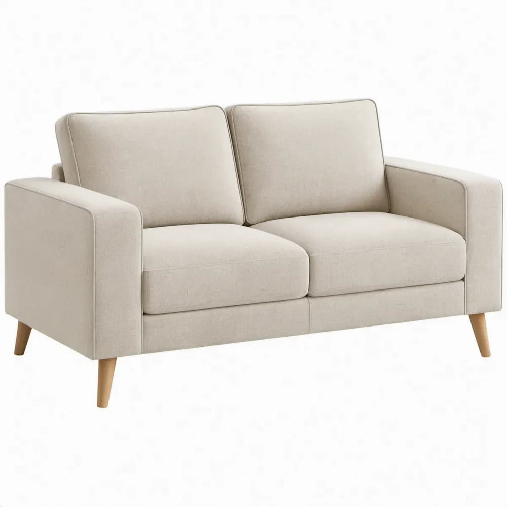 Beige 2-zitsbank van polyester met houten poten, 140 x 80 x 82 cm