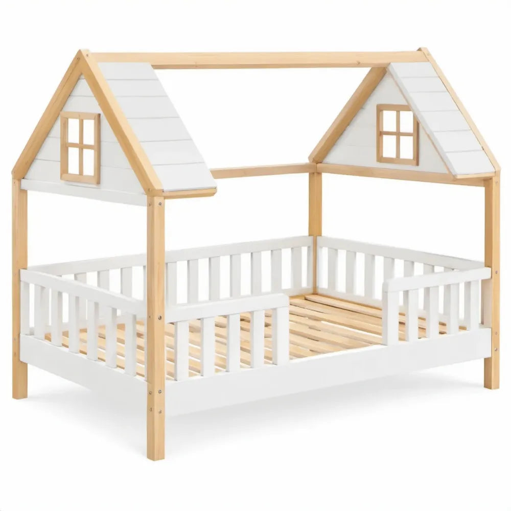 Kinderhuisbed van massief grenenhout 90 x 200 cm - Wit/Naturel