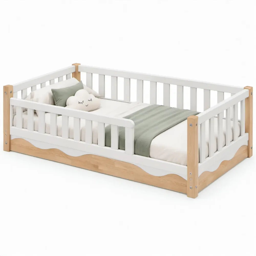 Laag Kinderbed met Uitvalbeveiliging 140 x 70 cm – Wit/Naturel Massief Grenenhout