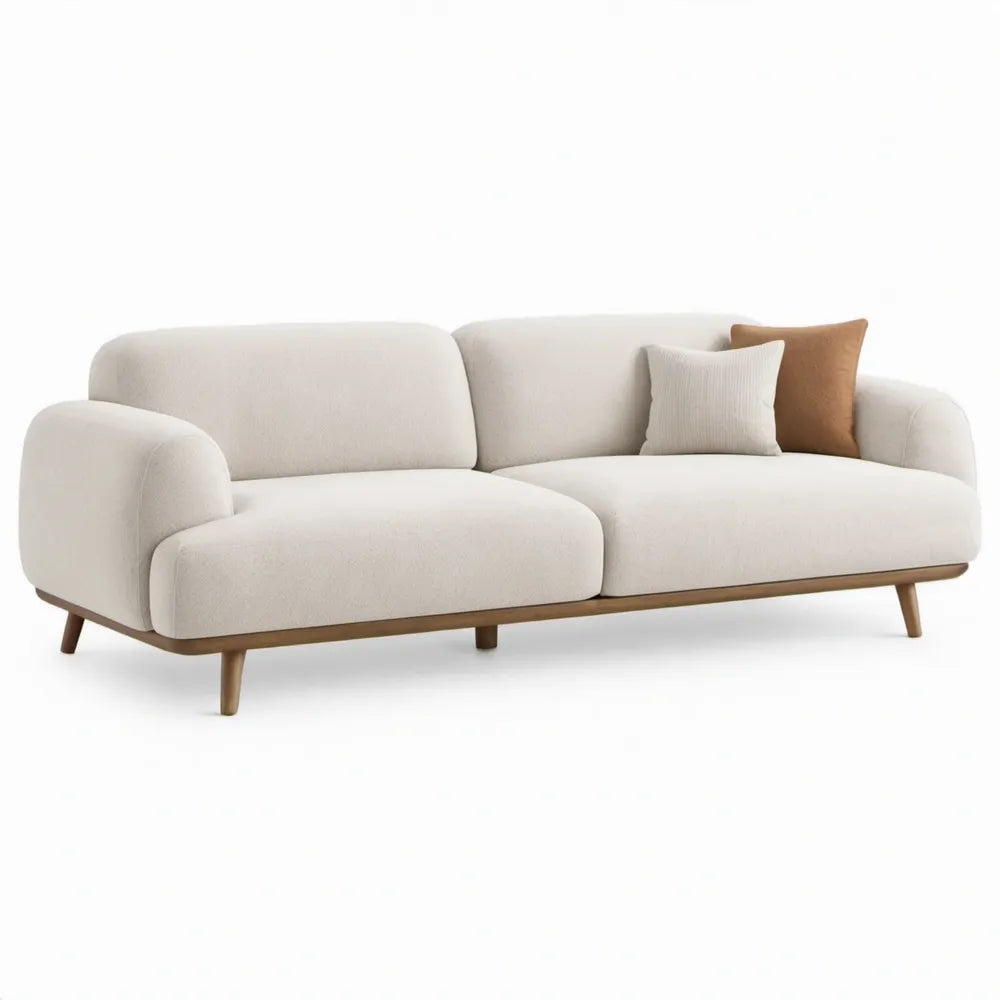 Crèmekleurige 3-zitsbank 220 x 90 x 82 cm met bouclé bekleding en houten poten
